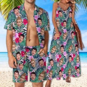 Custom Face Hawaiian Shirt, Personalized Photo Long Dress, Couple Wear