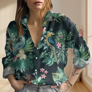 Tropical Parrot Linen-Look Shirt, Botanical Blouse Shirt, Jungle Bird Print Casual Top, Vacation Summer Outfit