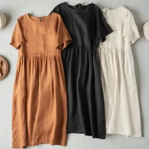 Loose Fit Midi O-Neck Dress, Casual High Waist A-Line Short Sleeve Dress