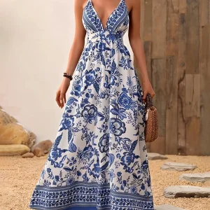 Blue And White Hand Printed Cotton Suspender Summer Dress, Comfortable To Wear