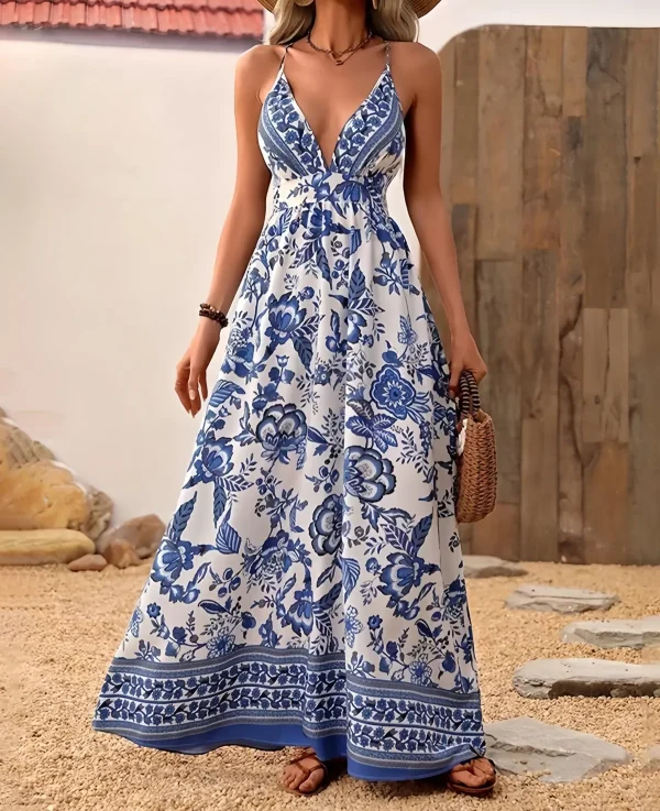 Blue And White Hand Printed Cotton Suspender Summer Dress, Comfortable To Wear